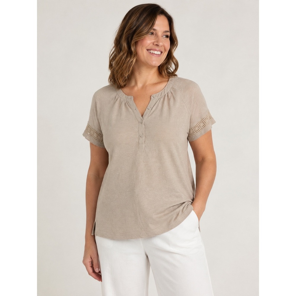 Chicos Linen Henley Top Beige Crochet Lace Sleeve Boho Minimalist Size 2 L